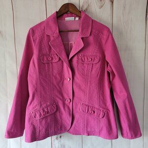 Denim & Co Fuchsia Button-Down Blazer Women’s L Cotton Spandex Lightweight Coat